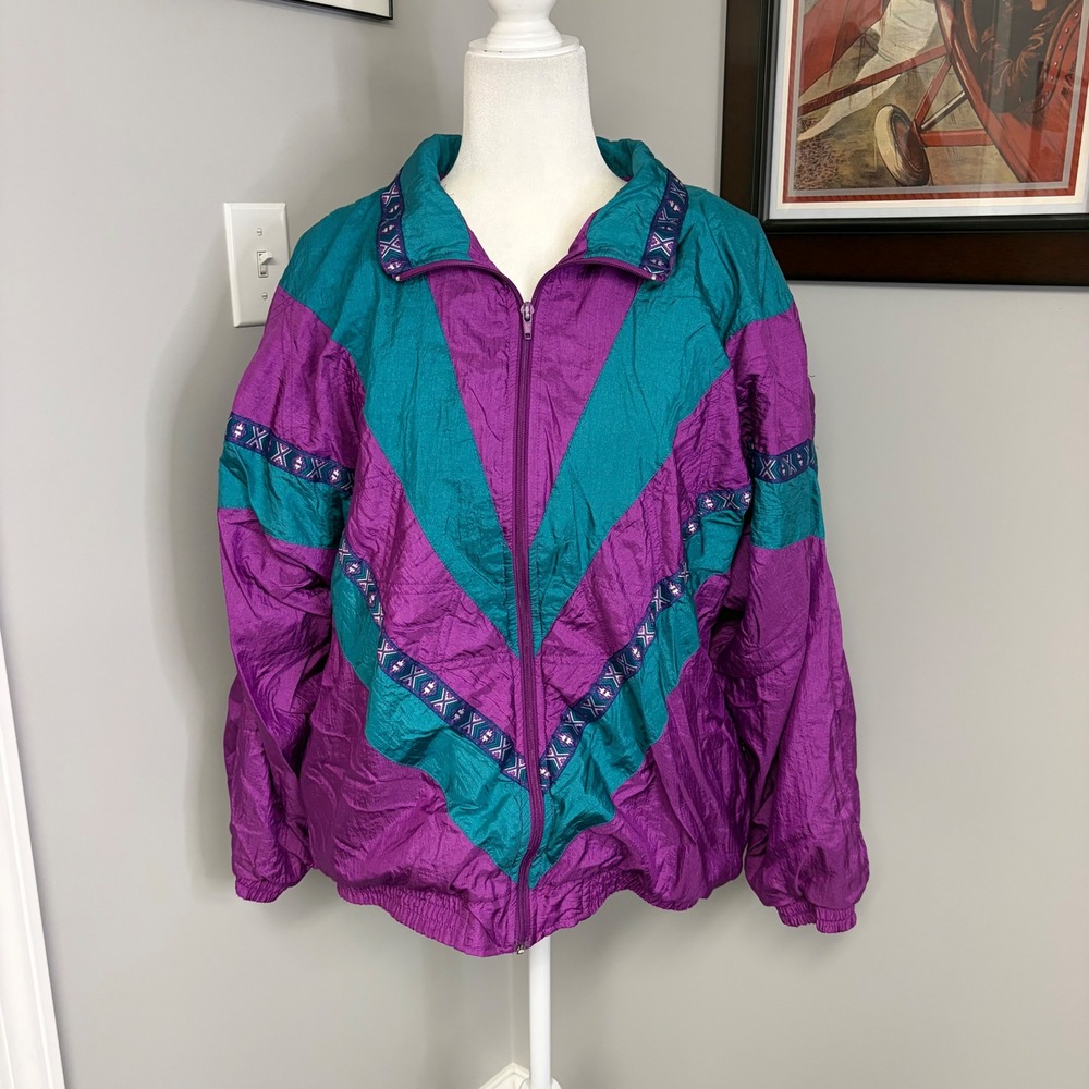 Vintage Bocoo Windbreaker Jacket Purple Teal Colorblock Chevron Retro 90s XL